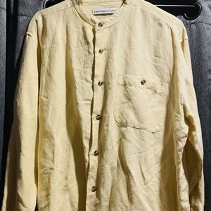 Irvine Park Men’s Sz Large Linen Collarless button front Banana Yellow EUC